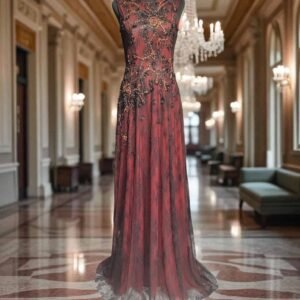 Crimson Twilight Embroidered Evening Gown