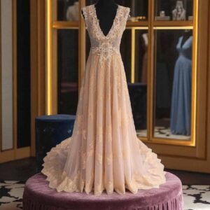 Champagne Gold Lace Evening Gown with Deep V-Neck & Beaded Waistline