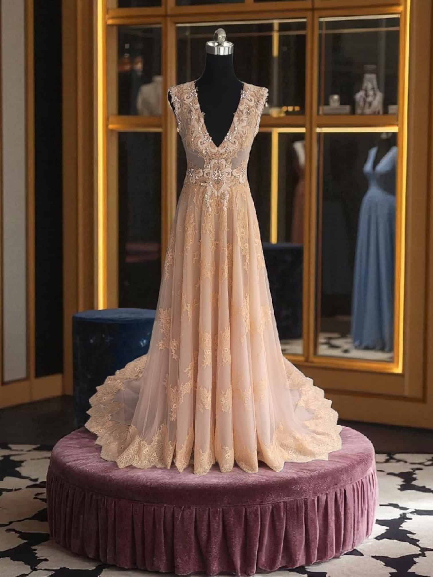 Champagne Gold Lace Evening Gown with Deep V-Neck & Beaded Waistline